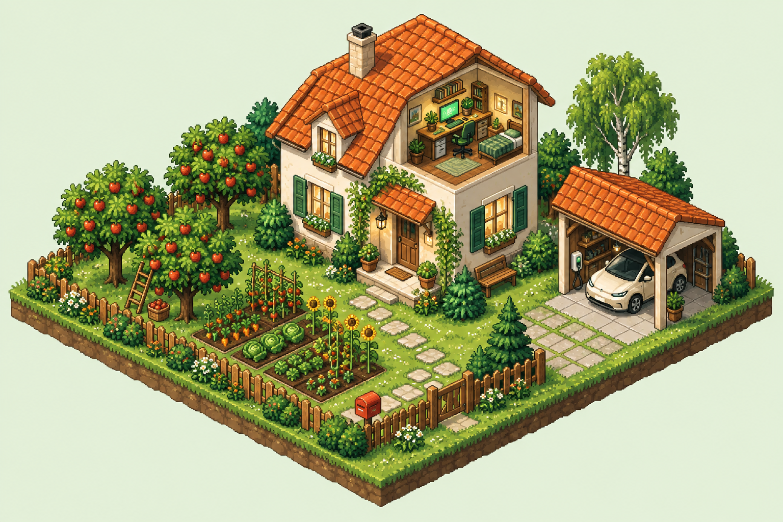Pixel-art home with an apple orchard, garage, and gaming computer
